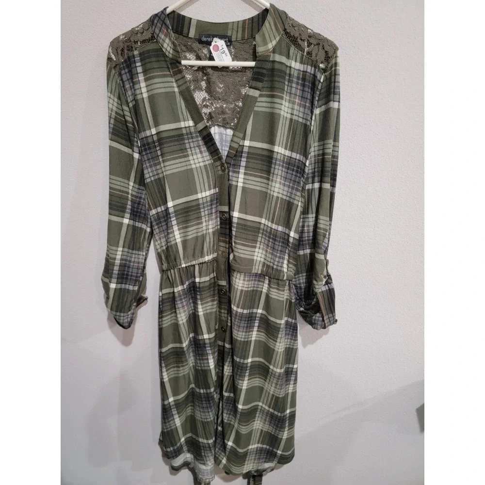 Derek Heart Womens 2X Olive‎ Green Belted Shirt Dress Long Sleeve Lace Back NWT